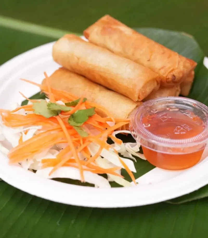 Vegetable egg rolls with shredded cabbage, carrot and sweet chili sauce on a banana leaf