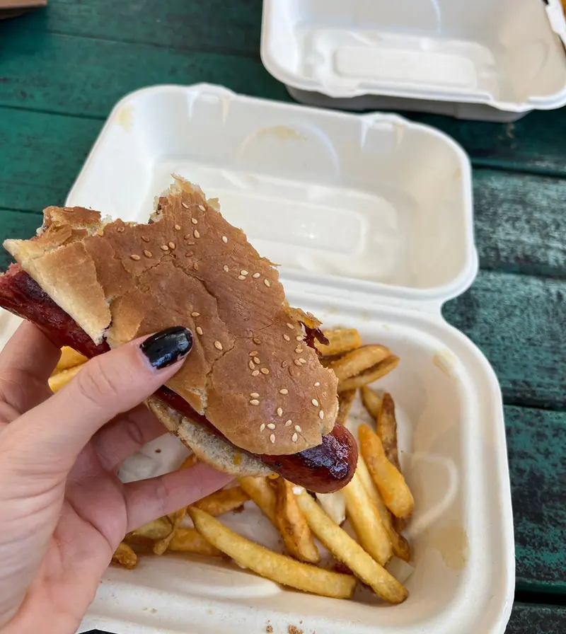 A hot dog in a sesame bun with fries from the Ae’s burger truck