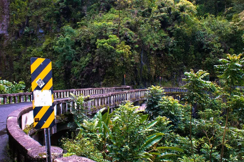 A one-lane bridge and rain forest on the Hāna Highway
